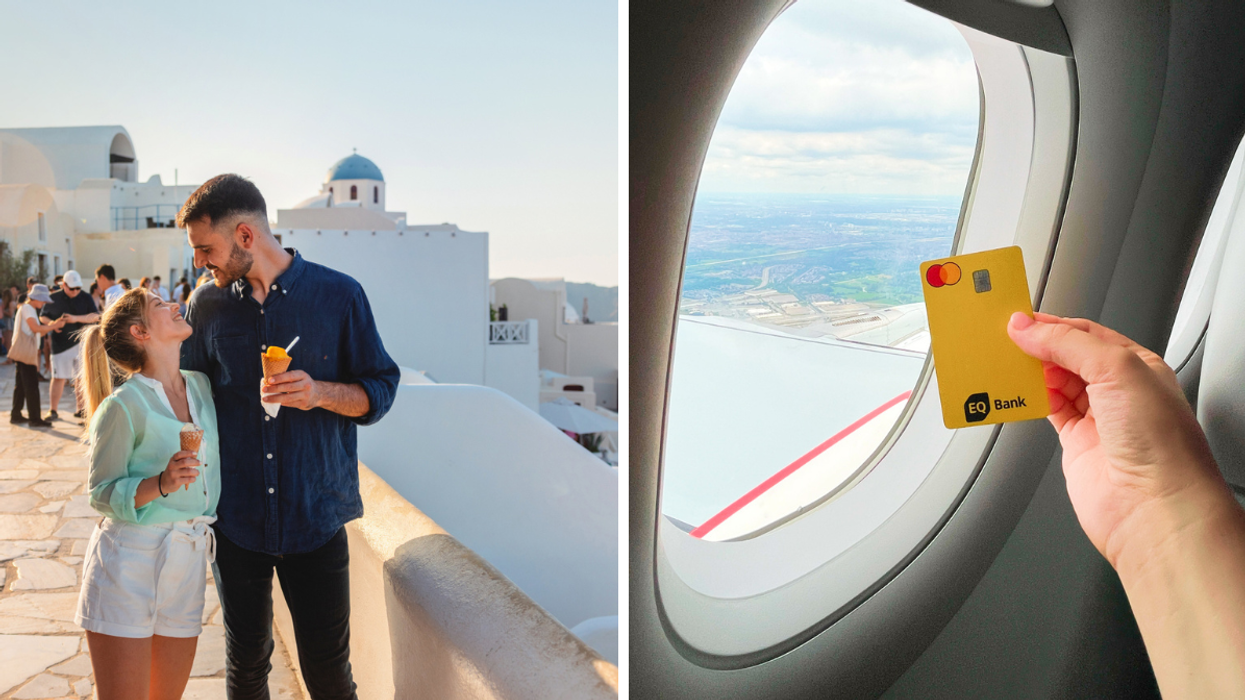 Couple enjoying gelato in Santorini with white buildings and blue dome in background. Right: EQ Bank Mastercard held near airplane window with view of landscape below.