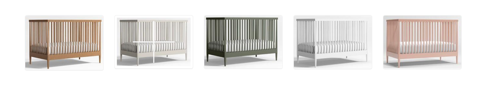 Crate & Barrell Hampshire cribs in colours blush, grey, olive, white and natural.