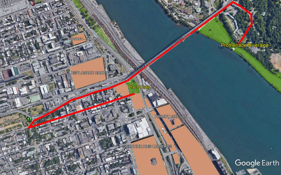 Current pedestrian route from Place Craig to Parc Jean-Drapeau via Montreal's Jacques Cartier Bridge.
