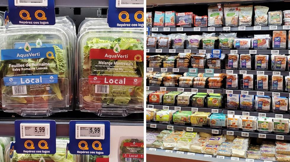 Custom salads, including the "Montreal Mix." Right: Provigo's 'vegan wall.'