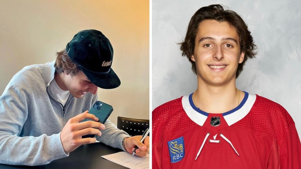David Reinbacher from the Montreal Canadiens signing his contract, Right: David Reinbacher wearing his Montreal Canadiens jersey.