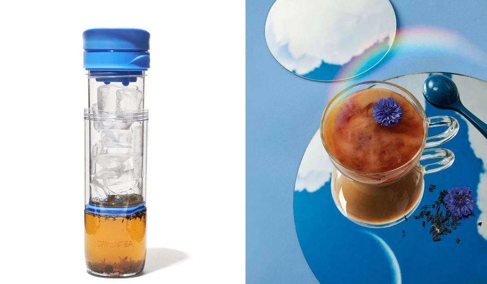 DAVIDsTEA Azure Blue Iced Tea Press. Right: A cup of DAVIDsTEA Cream of Earl Grey.