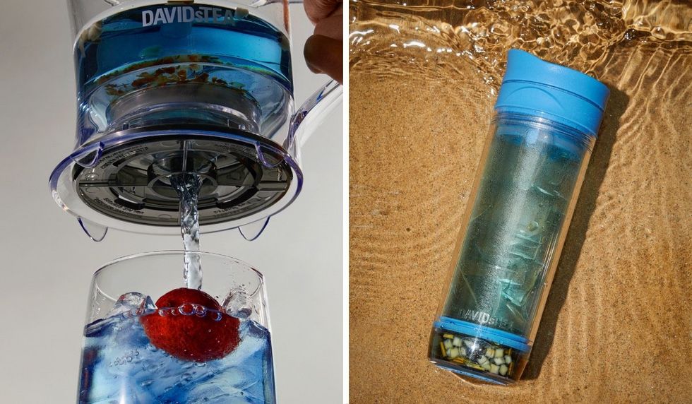 DAVIDsTEA Bahama Blue iced tea steeper. Right: DAVIDsTEA Bahama Blue iced tea press.