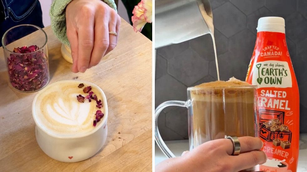 Decorating a latte with rose petals. Right: Pouring salted caramel coffee creamer into a glass.