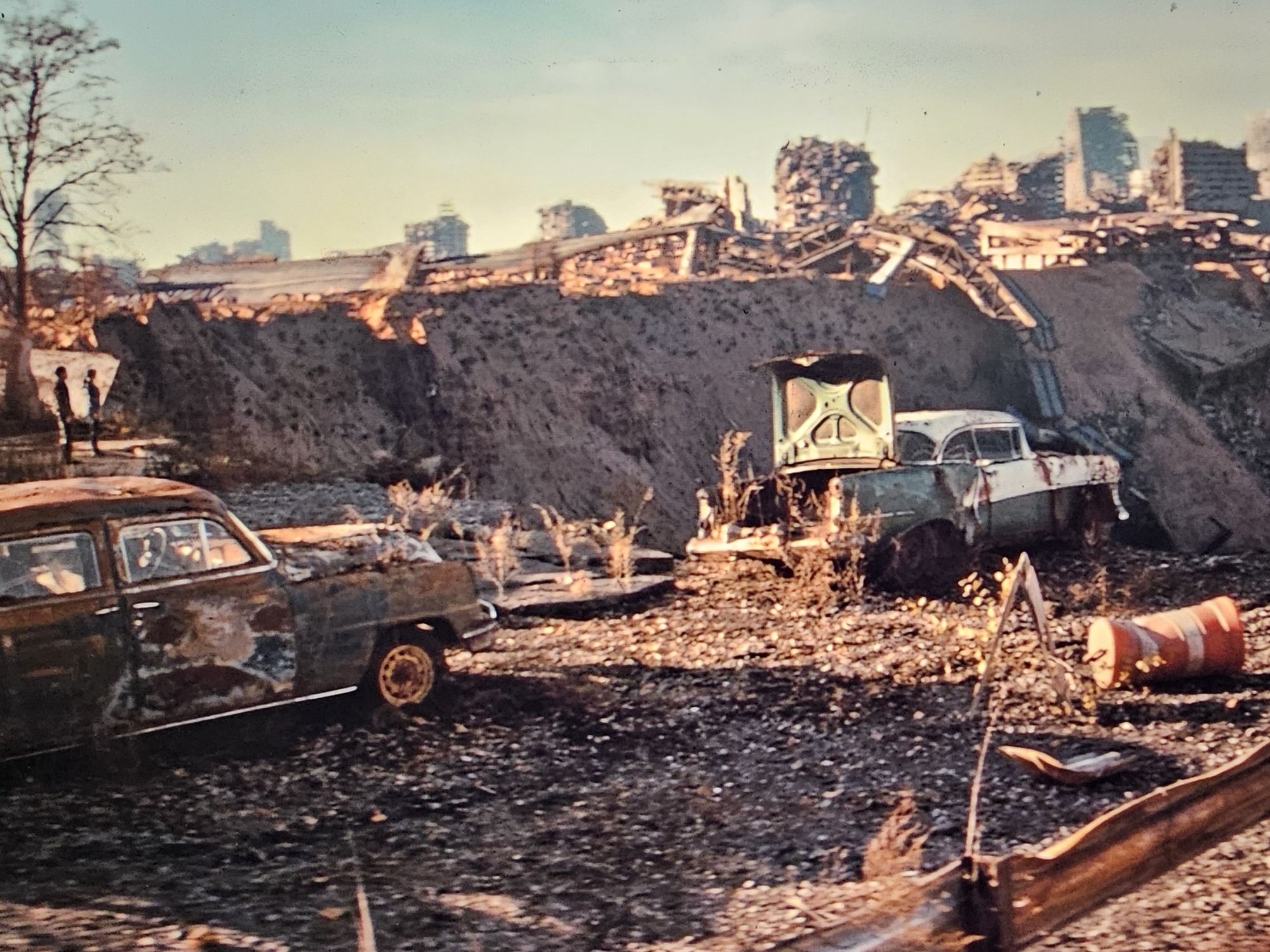 Destroyed cars and an orange cone in a wasteland.