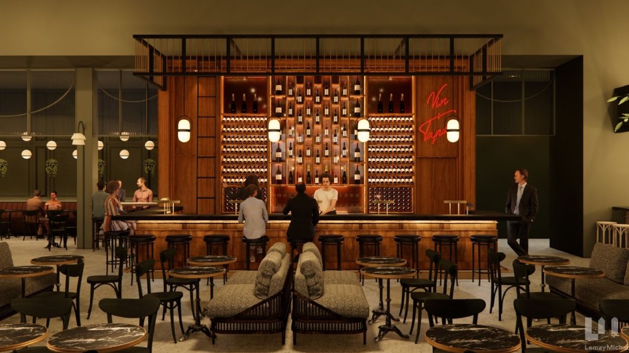 Digital illustration of a modern, inviting bar and surrounding seating area.