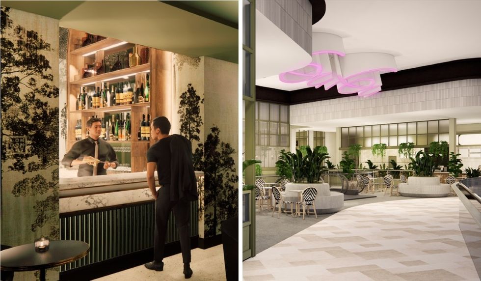 Digital illustrations of a small bar and an open-concept eating space with lots of greenery.