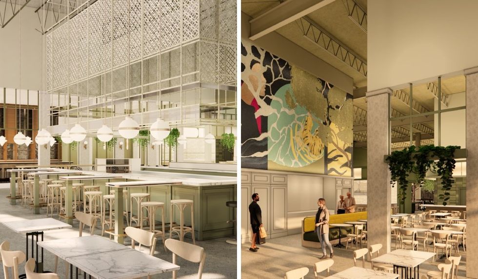 Digital illustrations of an expansive open-concept dining room with pale green and beige coulours.