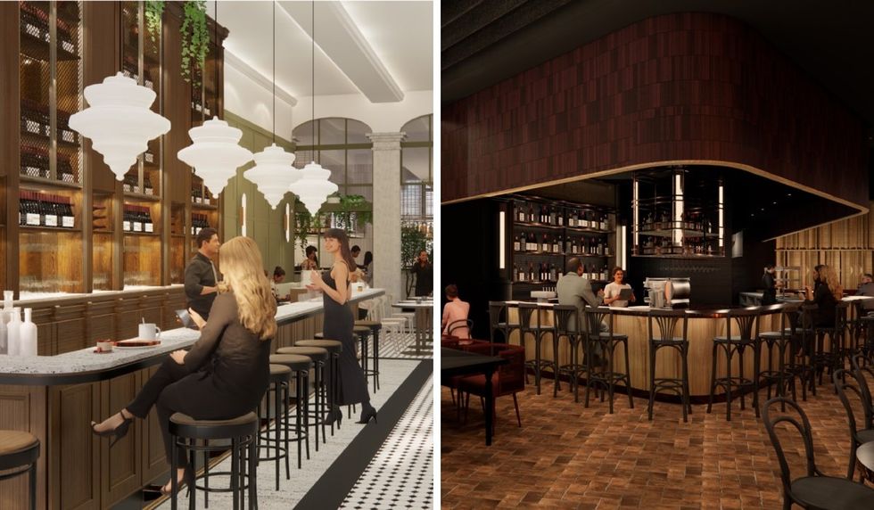 Digital illustrations of two restaurant bars with dark wood accents.