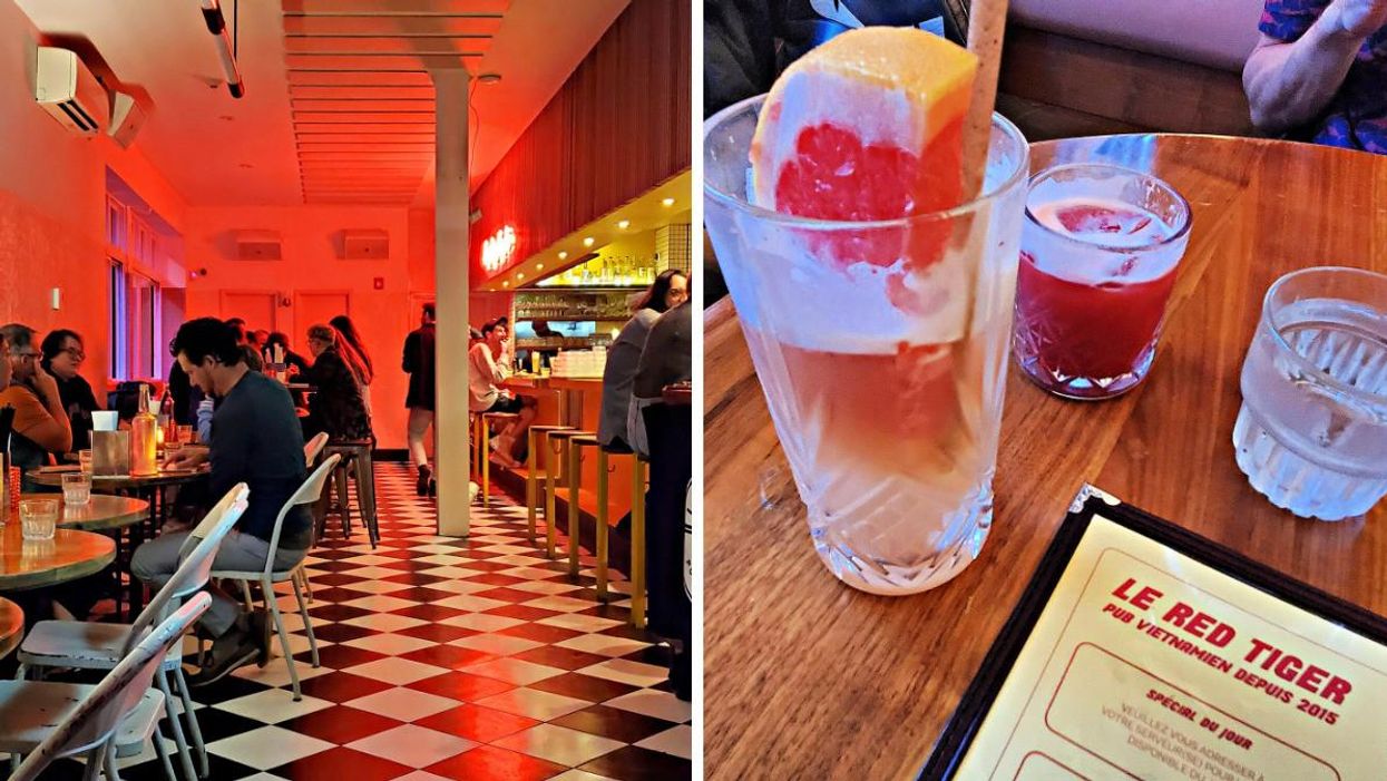 Diners at Le Red Tiger eat under the red glow of a neon sign. Right, Two drinks next to the menu, one with a slice of grapefruit and the other with a red hue.