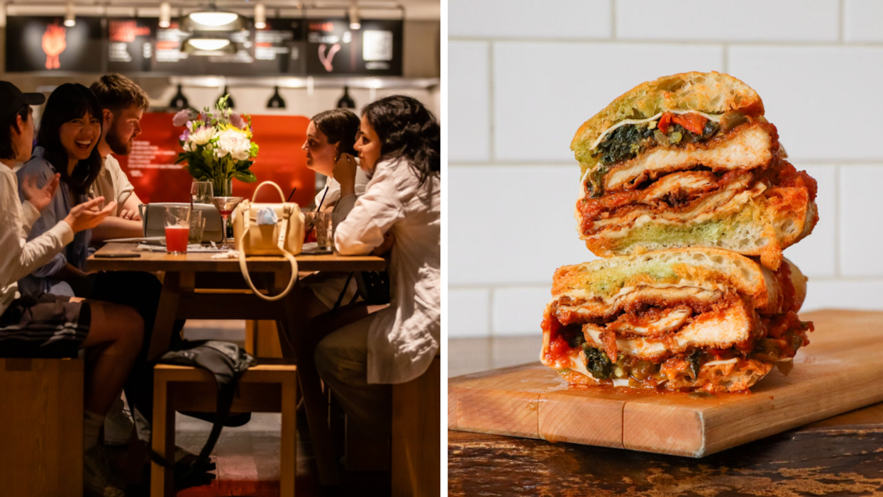 Diners laugh at a table. Right: A Bossa sandwich rests on a cutting board.