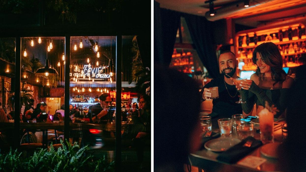 Diners through the window at Barranco. Right: A couple raise a glass at the Sauvage bar.