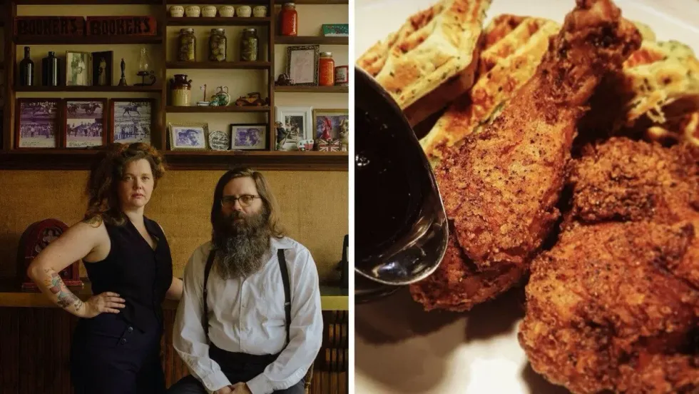 Dinette Triple Crown owners Nicole and Colin. Right: The Montreal restaurant's famed fried chicken and waffles.