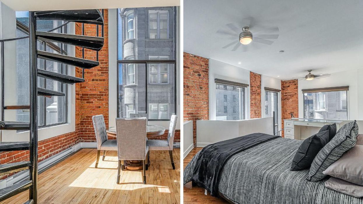 Dining room and bedroom in a condo for sale in Old Montreal.