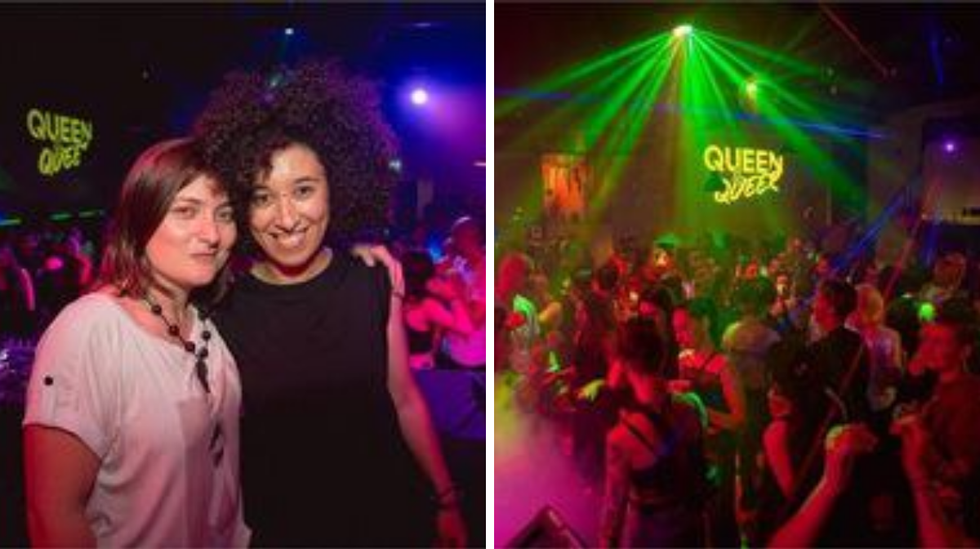 DJ Sam stands with Maryline. Right, a crowd dances at a Queen & Queer party.