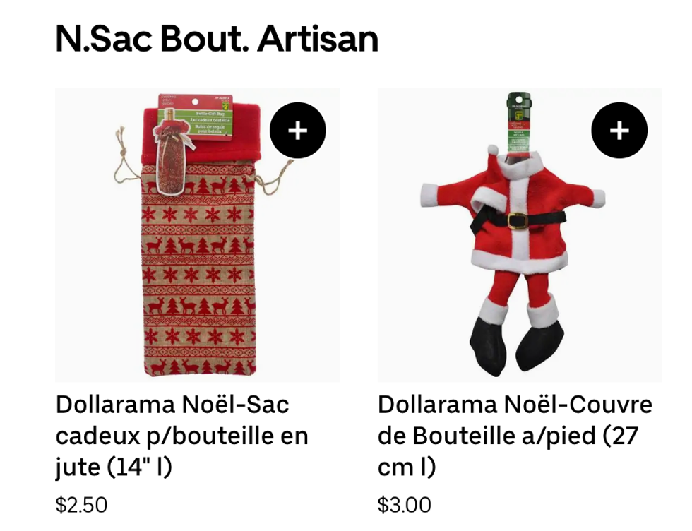 Dollarama's Christmas-themed bottle cozy options on Uber Eats.
