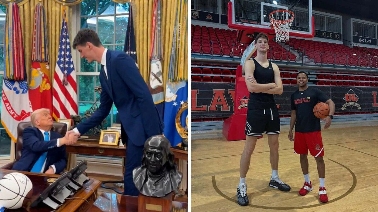 Donald Trump meeting Olivier Rioux. RIght: Olivier Rioux with another basketball player