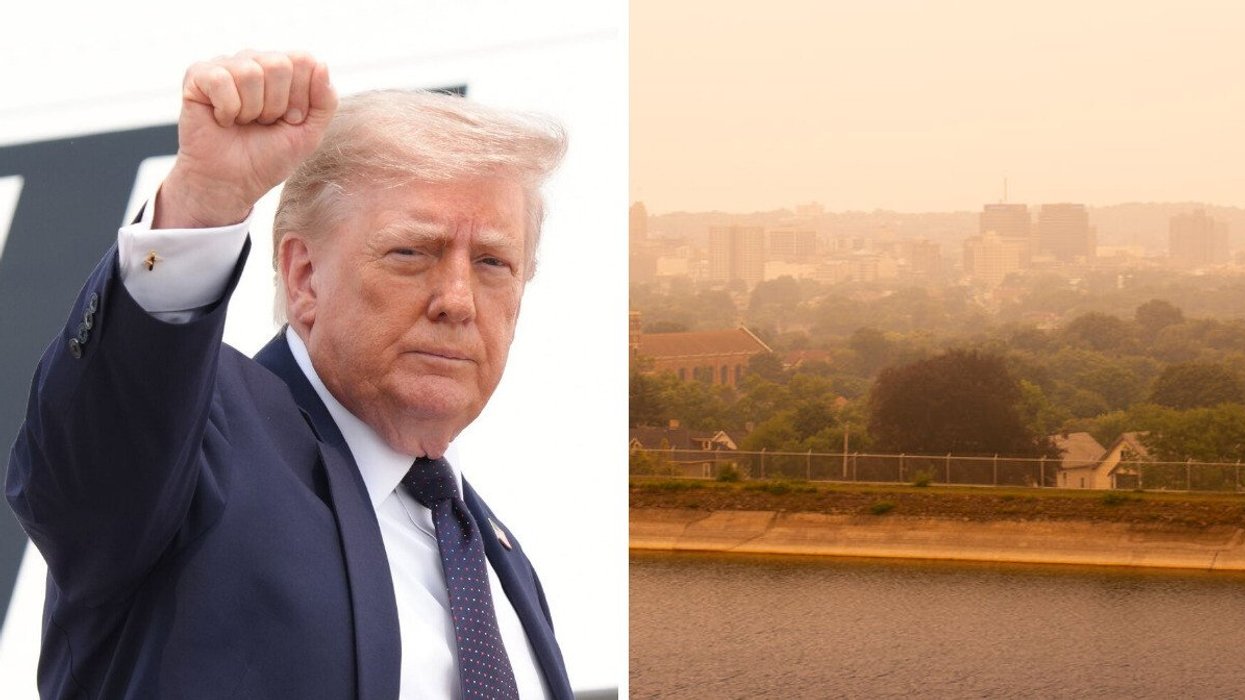 Donald Trump raises a fist. Right: City skyline with orange haze of wildfire smoke.