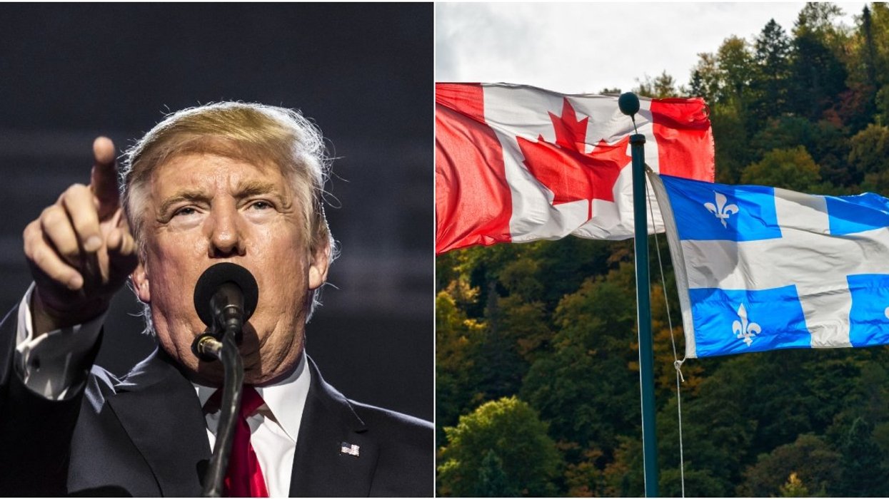 Donald Trump. RIght: Quebec and Canada flag.