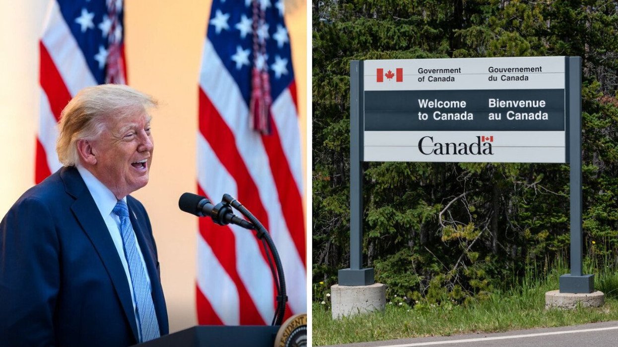Donald Trump speaks at a podium. Right: "Welcome to Canada" sign.