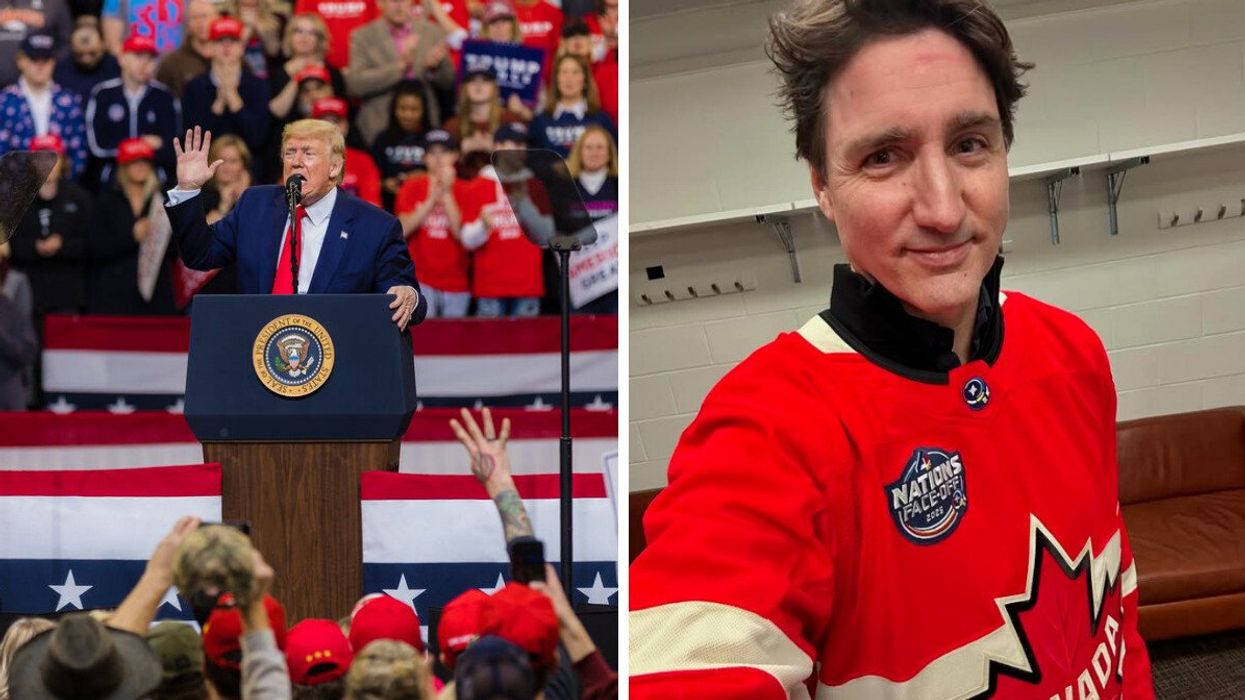 Donald Trump speaks at a rally. Right: Justin Trudeau poses in a Canada jersey.