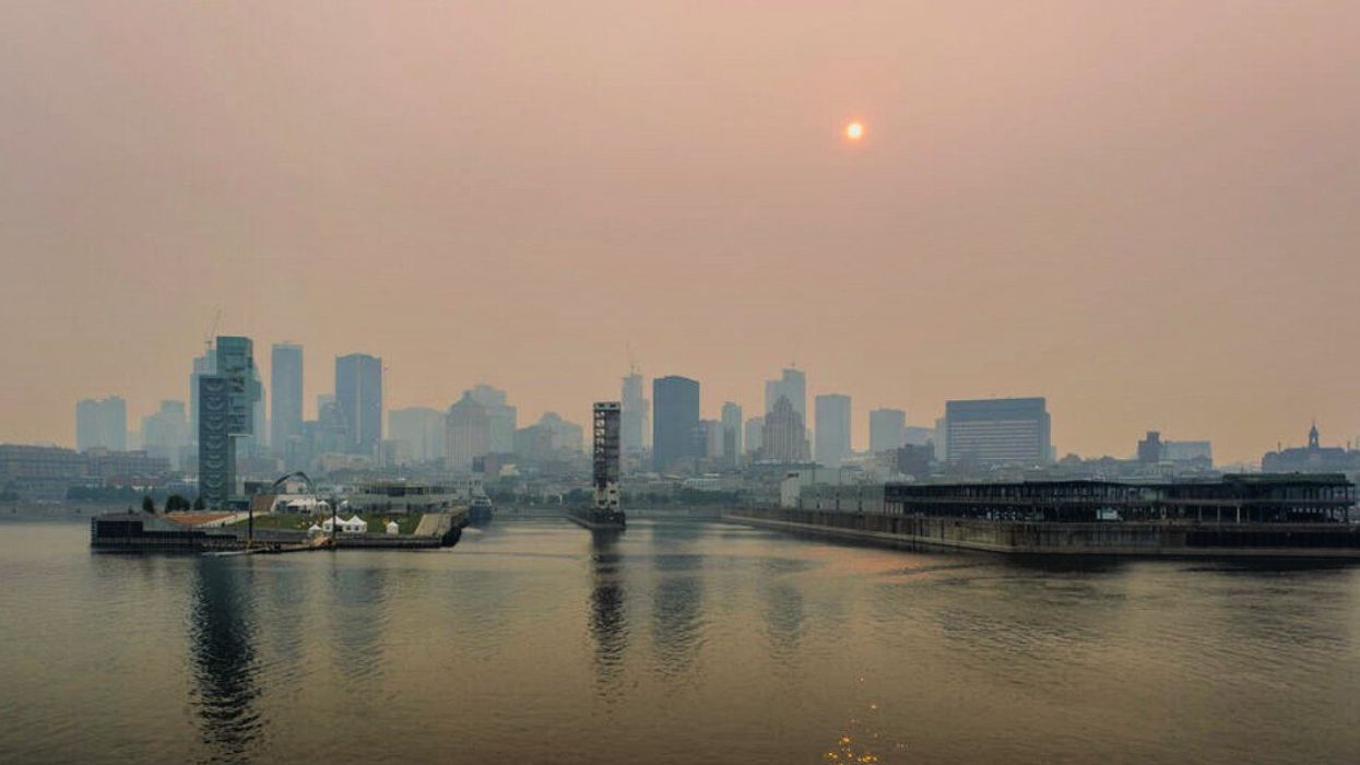 Downtown Montreal immersed in the smoke of Canadian forest fires.