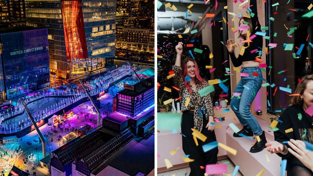 Downtown Montreal lit up in neon colours. Right: People dance among confetti.