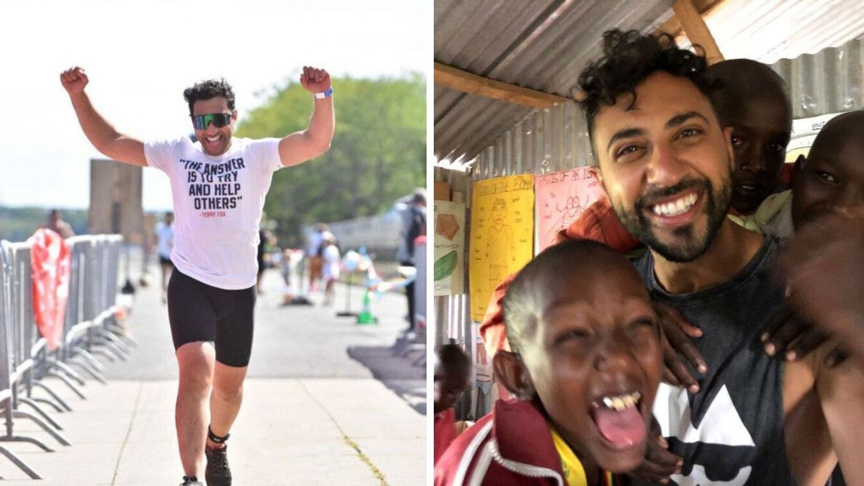 Dr. Altalibi competes in Ironman. Right: Dr. Altalibi with patients.