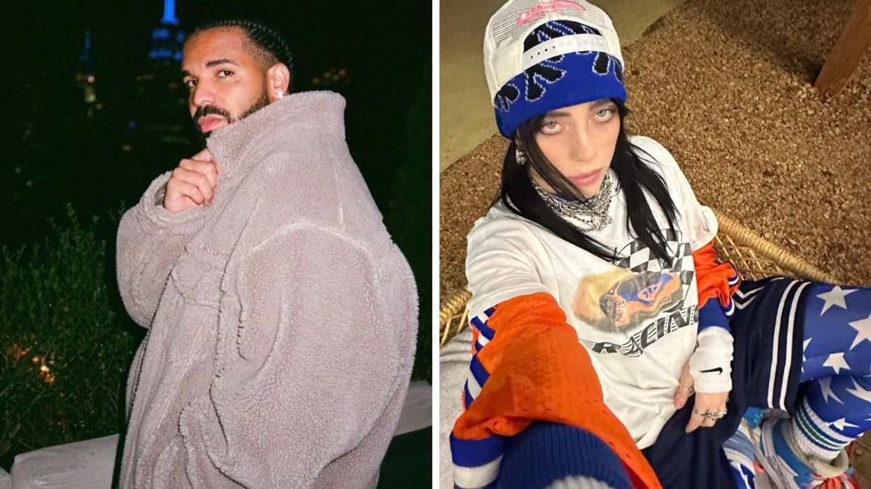 Drake on a rooftop in New York City wearing a grey teddy jacket, Right: Billie Eilish posing for a pic wearing a blue and orange outfit.