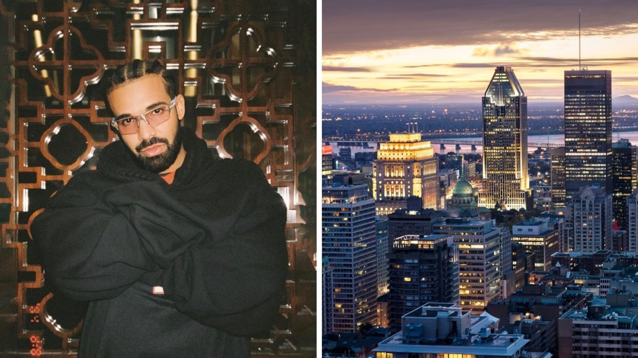 Drake posing with his arms crossed wearing a black hoodie and sunglasses indoors. Right: The Montreal skyline at night with various buildings lit up.