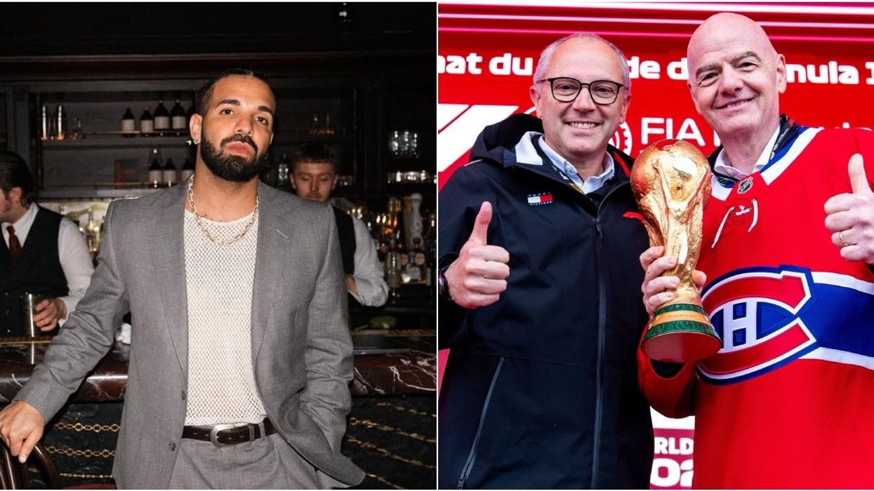 Drake. Right: FIFA president Gianni Infantino in Montreal for the 2026 Grand Prix.