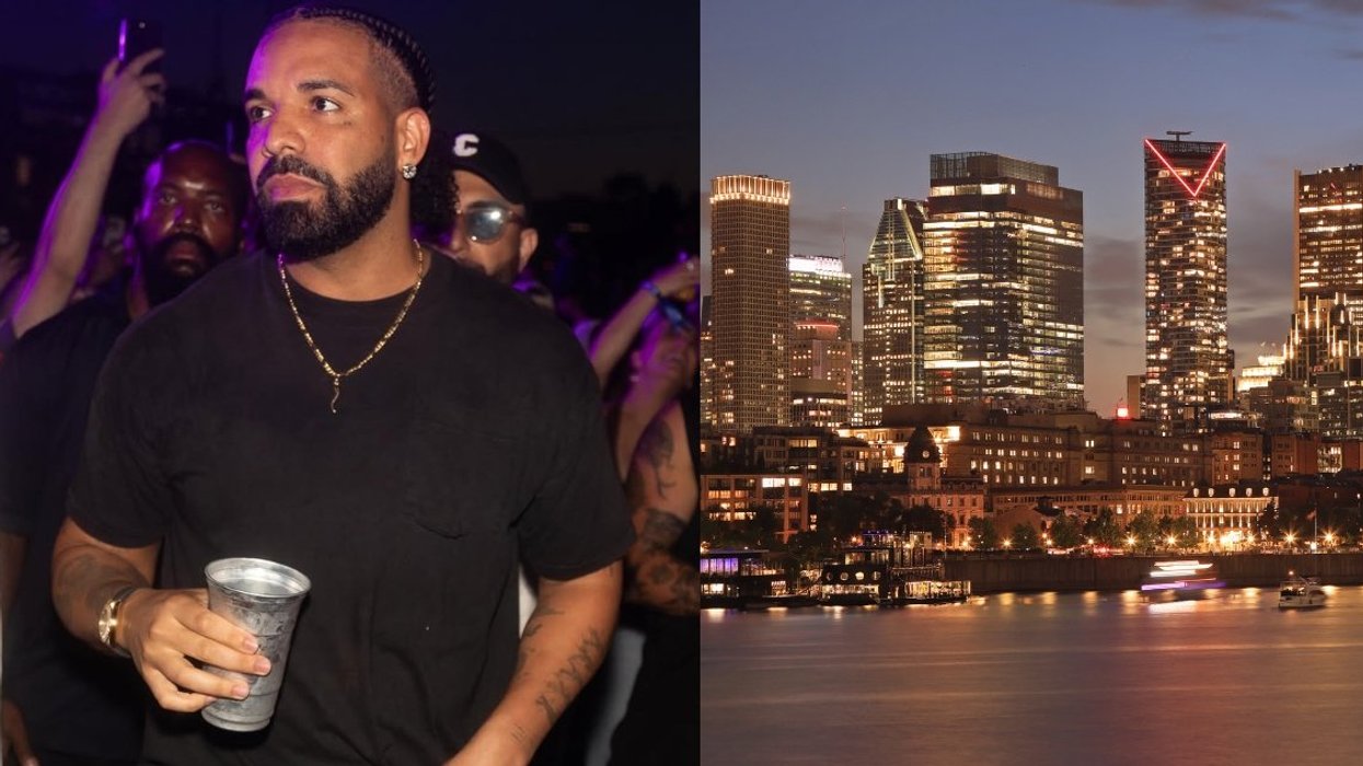 Drake. Right: Montreal skyline.