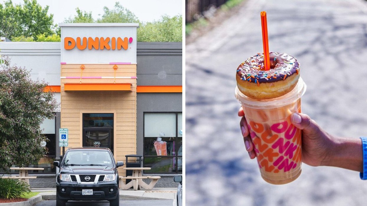 Dunkin' storefront. Right: someone holding a Dunkin' iced coffee and donut.