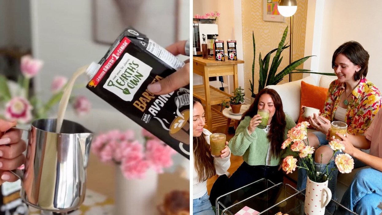 Earth's Own Barista Oat being poured into a steamer jug. Right: Four friends sit around a living room drinking coffee.
