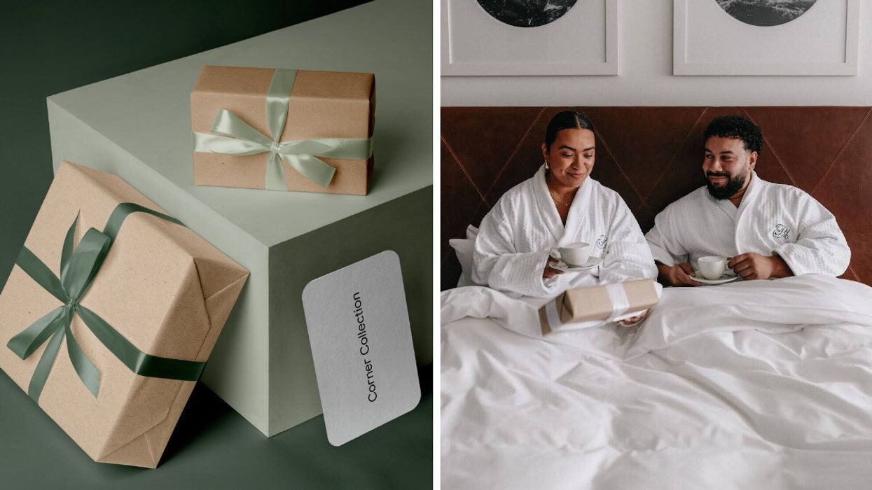 Eco-friendly self-care gift box with minimalist wrapping. Right: Couple in white robes enjoying coffee and a gift in bed.