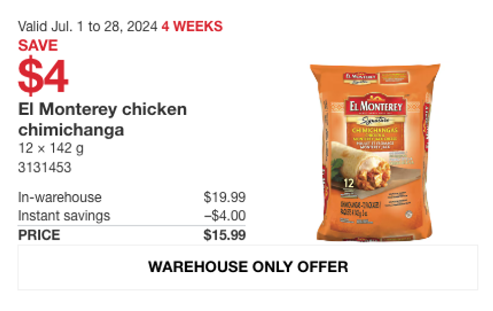 El Monterey chicken chimichanga on sale at Costco.