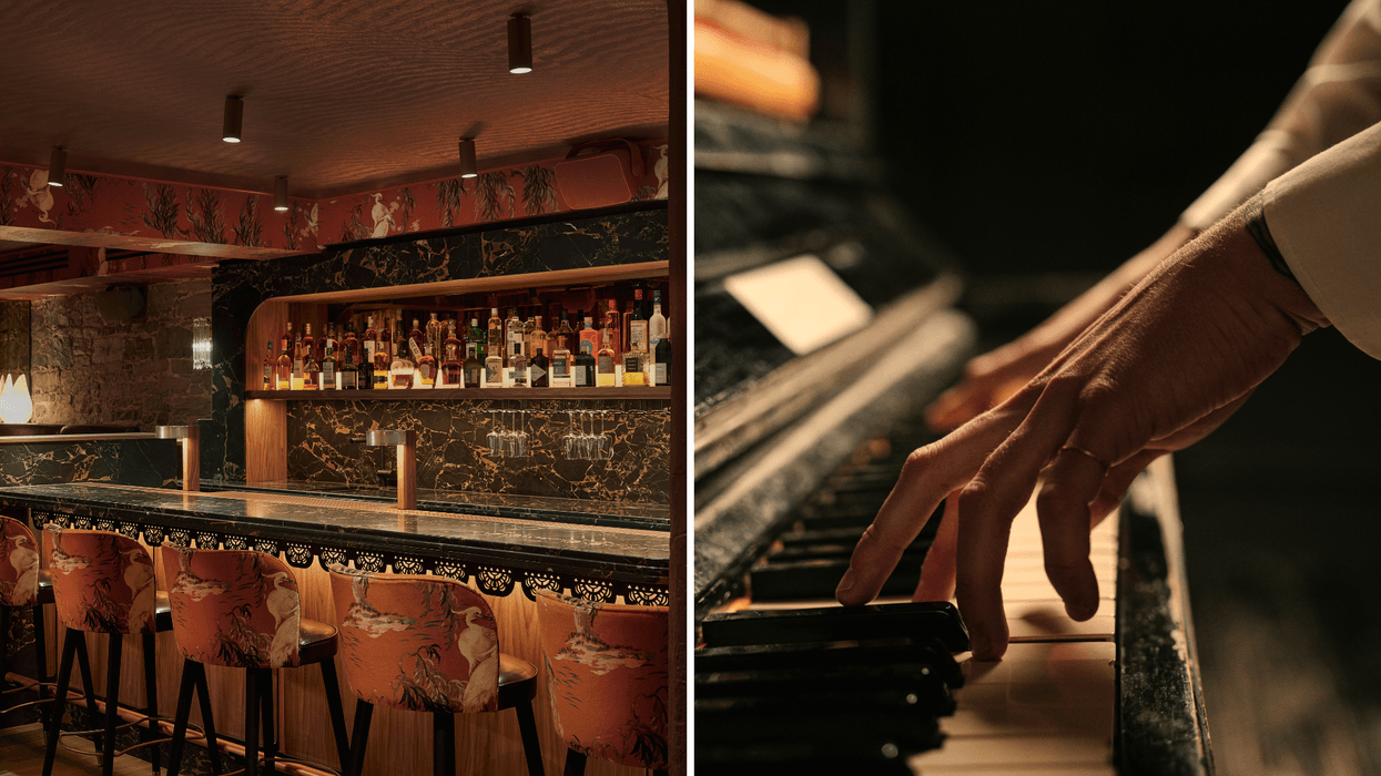 Elegant cocktail bar interior with marble counter, backlit liquor shelves, and patterned bar stools. Right: Close-up of a person’s hands playing piano keys in warm, low lighting.