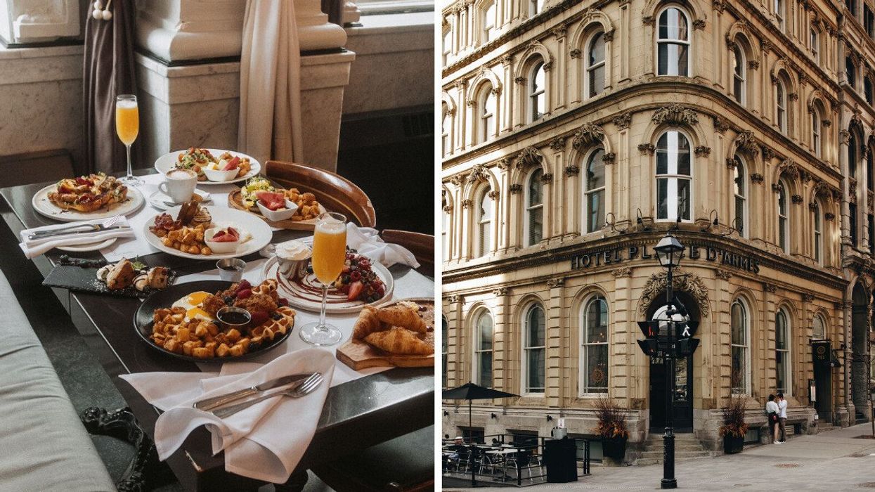 Elegant Montreal brunch spread with mimosas. Right: Historic Hotel Place d’Armes Montreal.