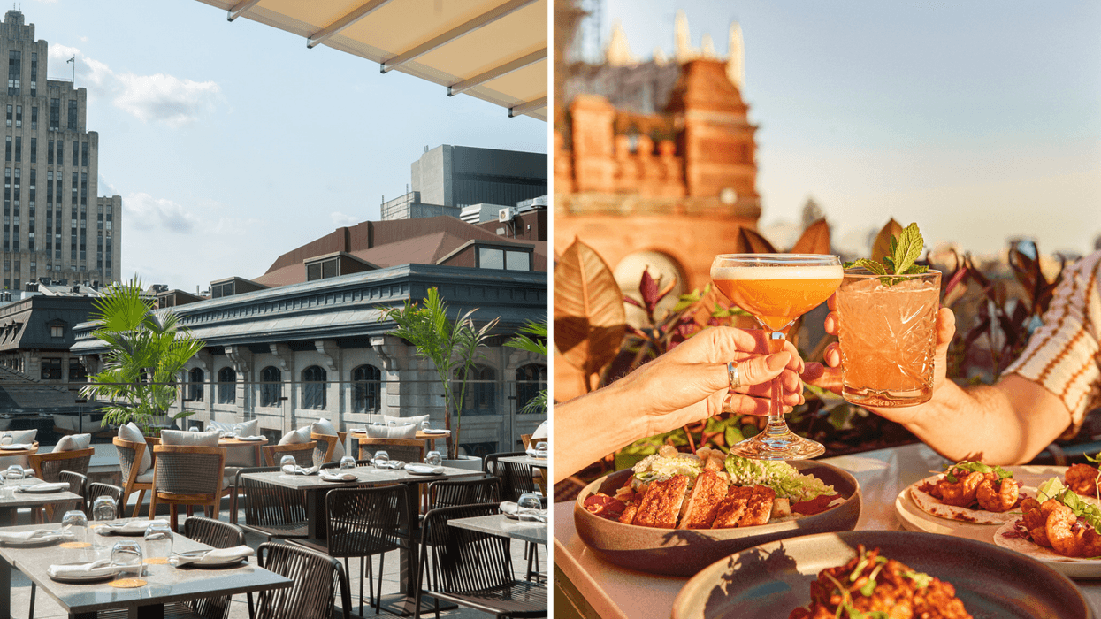 Elegant rooftop terrace with city skyline views. Right: Cocktails and Mediterranean dishes on a rooftop patio at sunset.