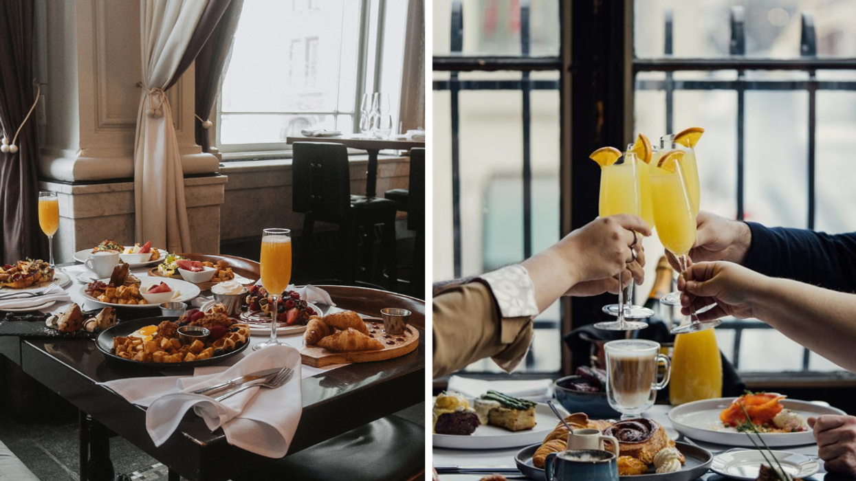 Elegant table set for Mother’s Day brunch with croissants, waffles, fresh fruit, and mimosas in a bright, upscale restaurant. Right: Close-up of hands toasting mimosas during a Mother’s Day brunch with pastries, coffee, and smoked salmon dishes on the table.