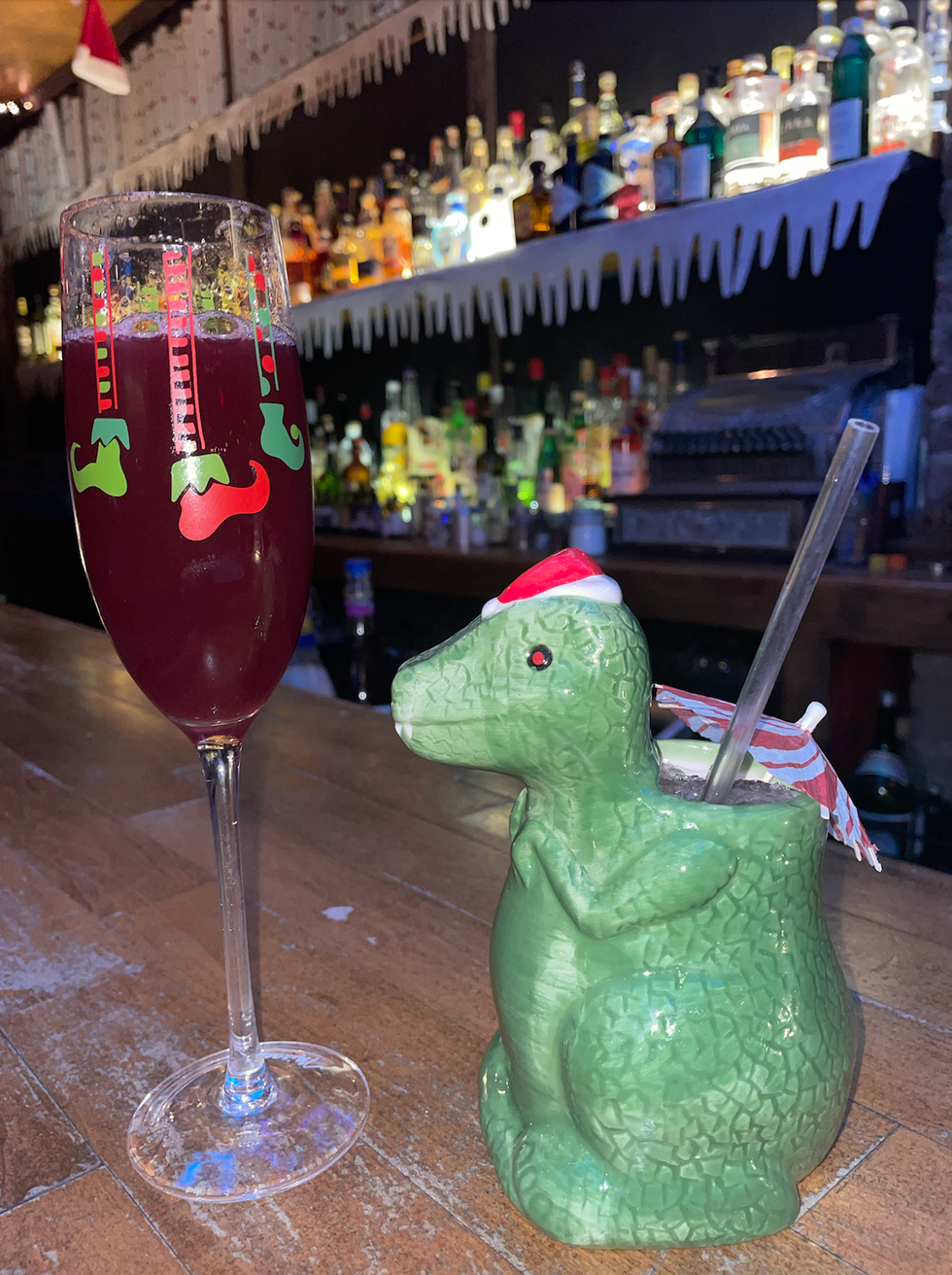 "Elfing Around" and "Grandma Got Run Over By A T-Rex" cocktails at Montreal Christmas pop-up bar Miracle.