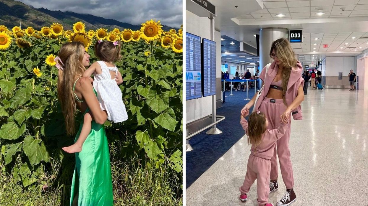 Élisabeth Rioux and her daughter Wolfie posing together at a sunflower field and at the airport in matching pink outfits.