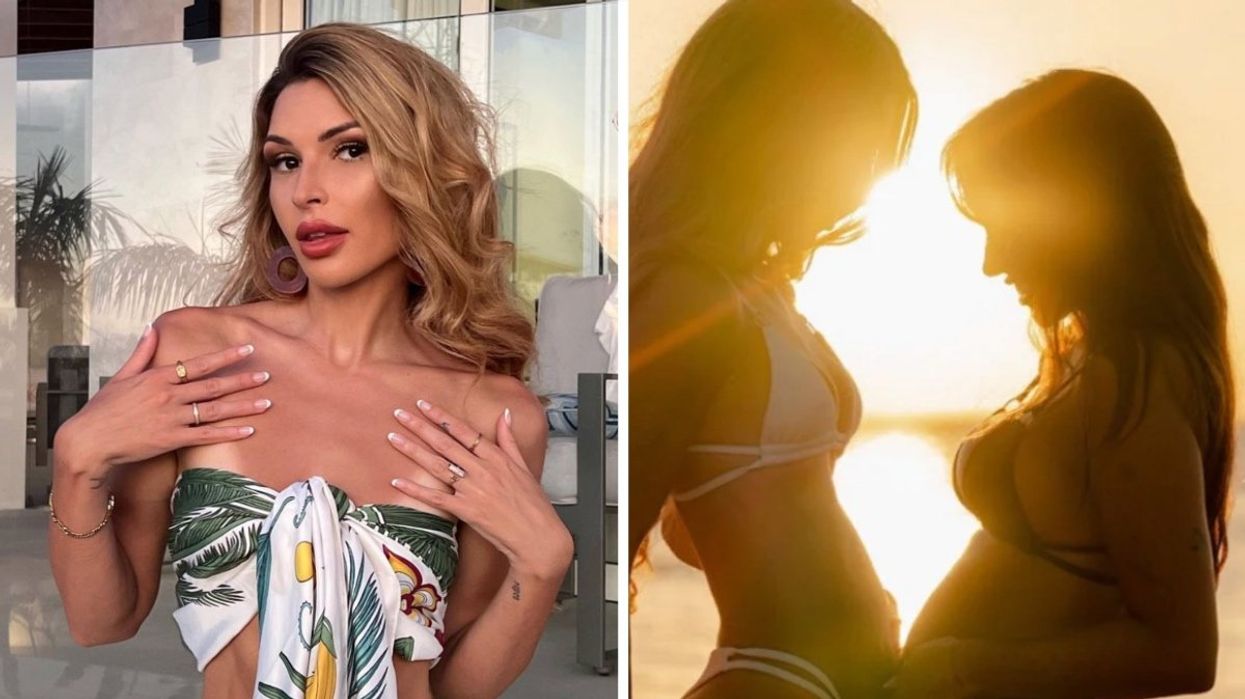 Élisabeth Rioux posing in Costa Rica. Right: Élisabeth Rioux and Claudia Tihan posing together on the beach in bikinis.
