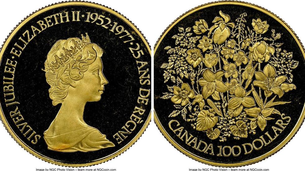 Elizabeth II Gold Proof "Silver Jubilee" $100 (1977).