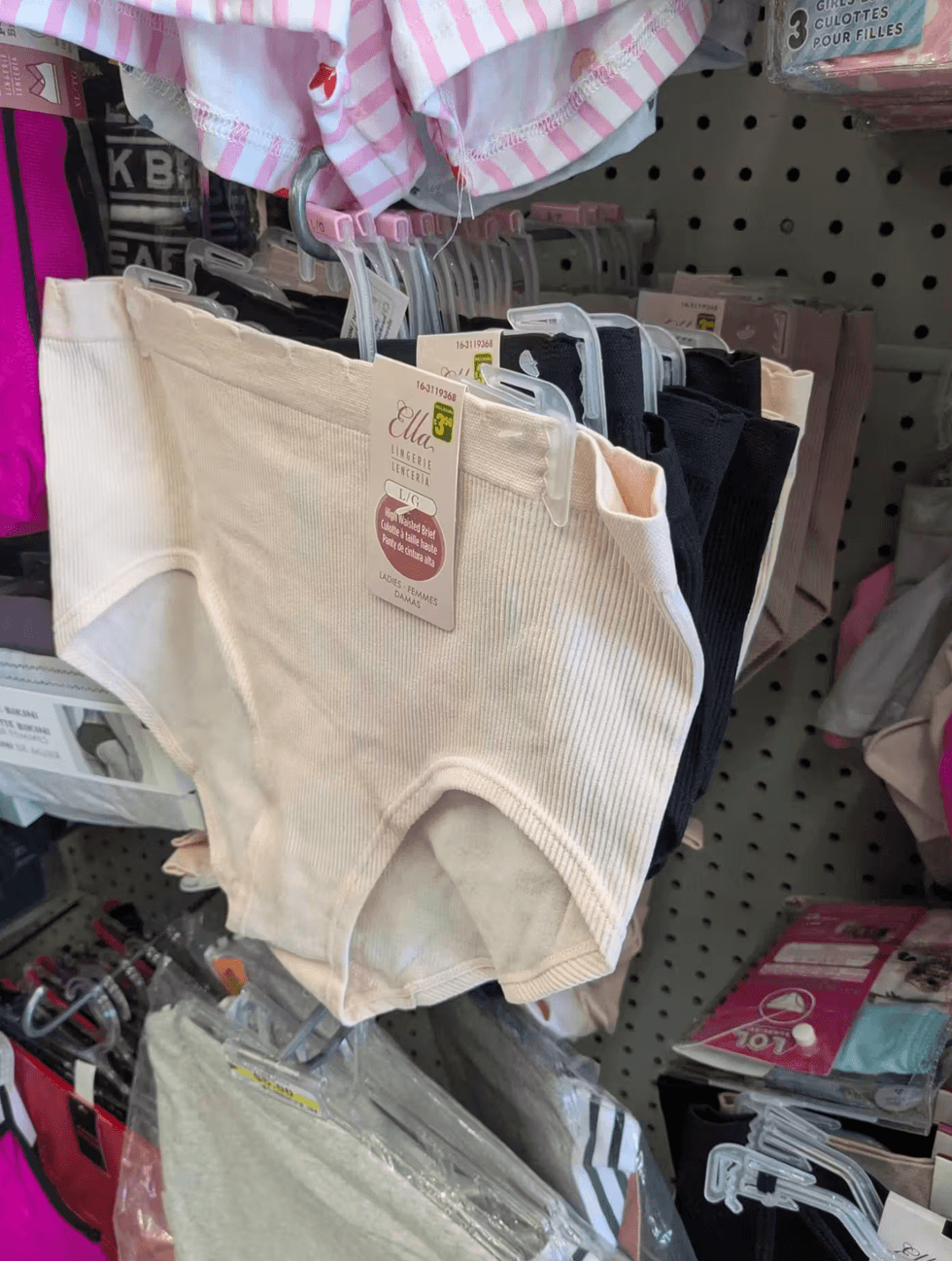 Ella brand high-waisted women's briefs hanging on a rack at Dollarama.