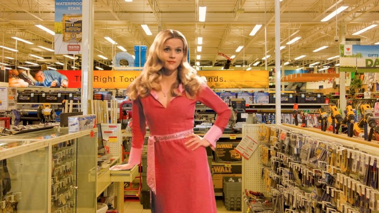 Elle Woods from 'Legally Blonde' photoshopped standing inside a Canadian Tire store.