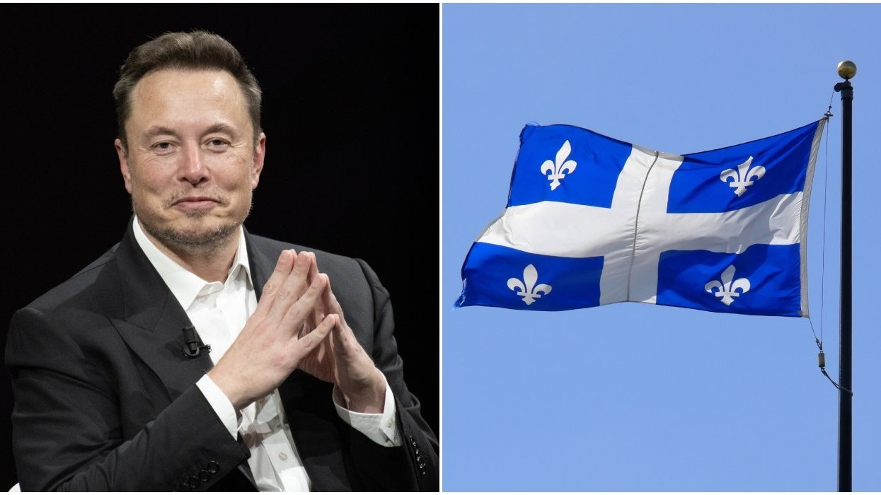 Elon Musk at Viva Technology (Vivatech) 2023. PARIS, FRANCE - June 16, 2023: Elon Musk, founder, CEO, and chief engineer of SpaceX, CEO of Tesla, CTO and chairman of Twitter, X, Co-founder of Neuralink and OpenAI, at VIVA Technology (Vivatech). Right: Quebec Flag. The Fleur-de-Lys flag of Quebec.