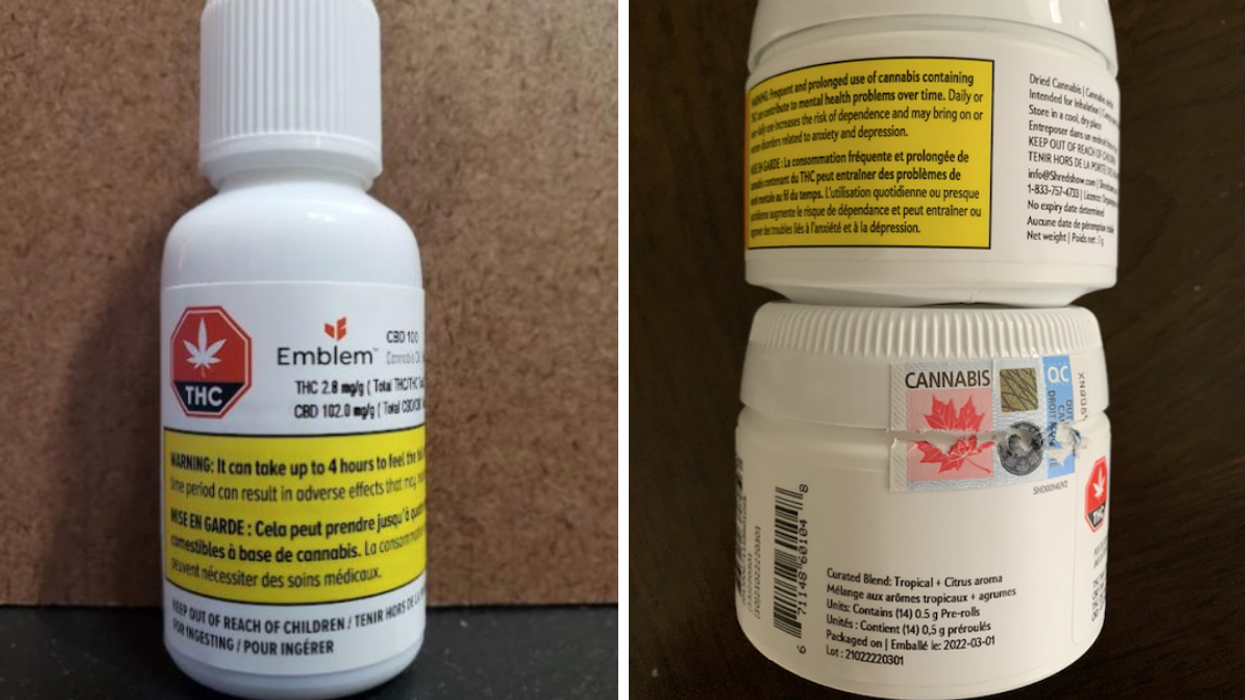Emblem Cannabis Extract 100, Right: SQDC pre-rolled product packaging.
