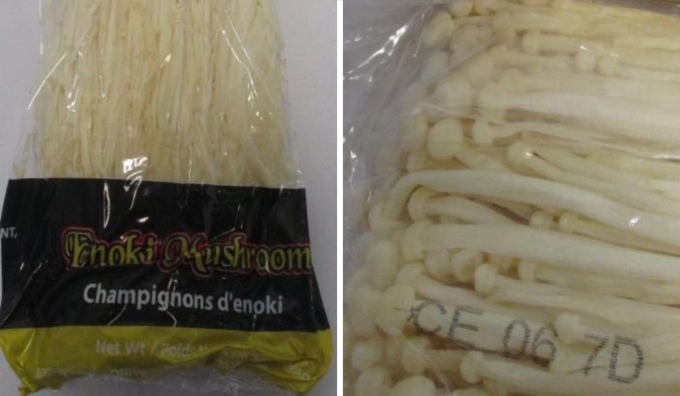 Enoki mushrooms packaged inside a plastic bag with a UPC code printed at the top and the packaging label at the bottom.