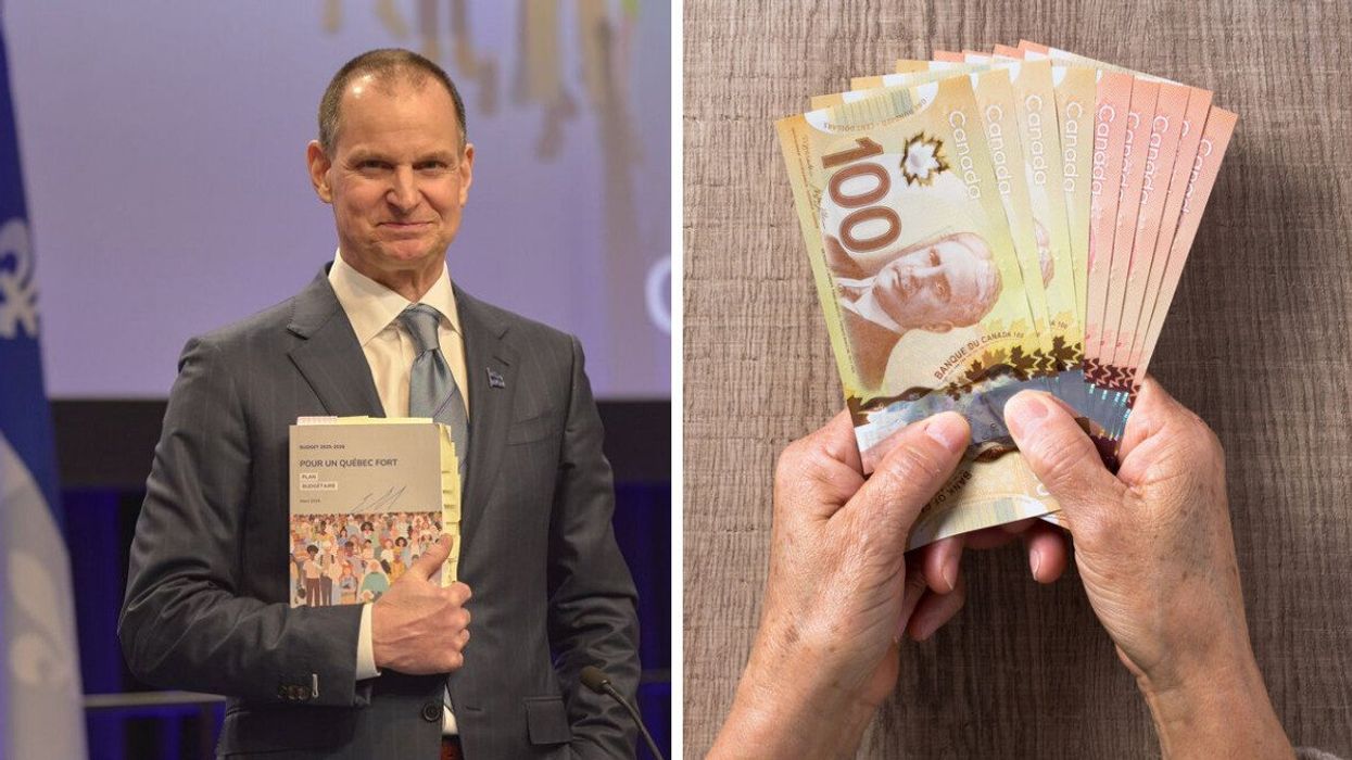 Eric Girard presents the Quebec budget. Right: Hands holding Canadian money.
